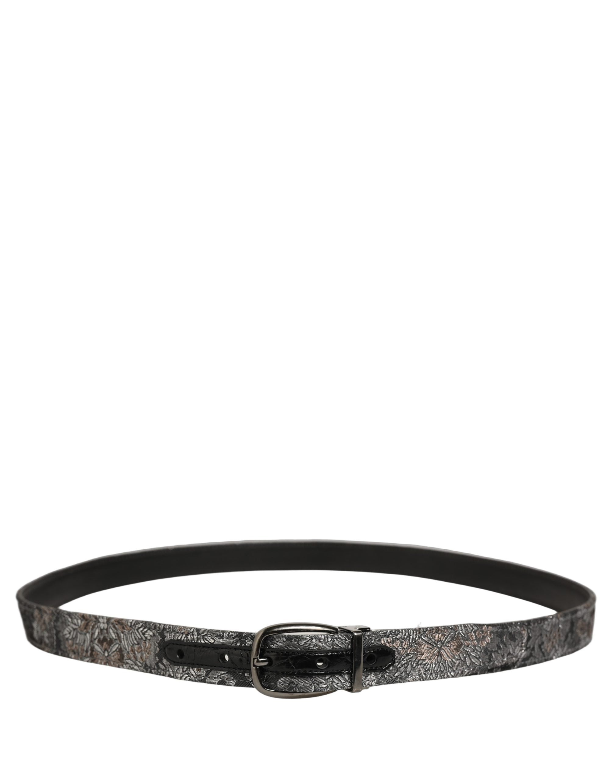 Silver Black Floral Jacquard Metal Buckle Belt