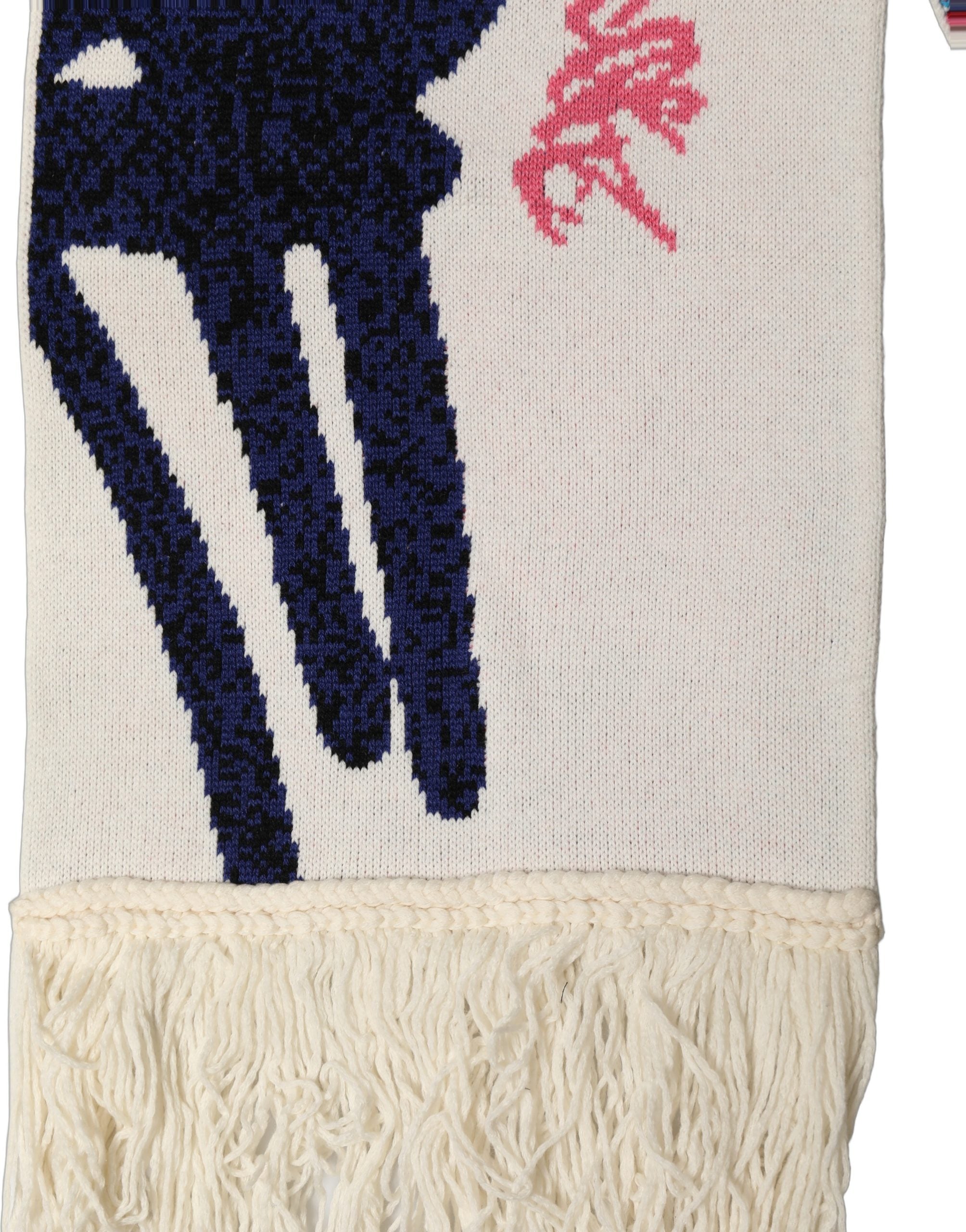 White Graphic Cashmere Fringed Shawl Scarf