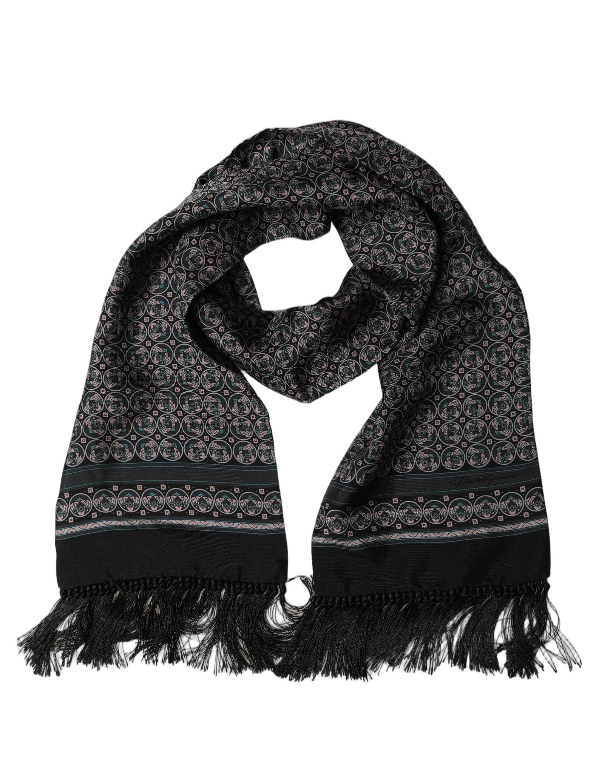 Black Silk Geometric Fringed Neck Shawl Scarf