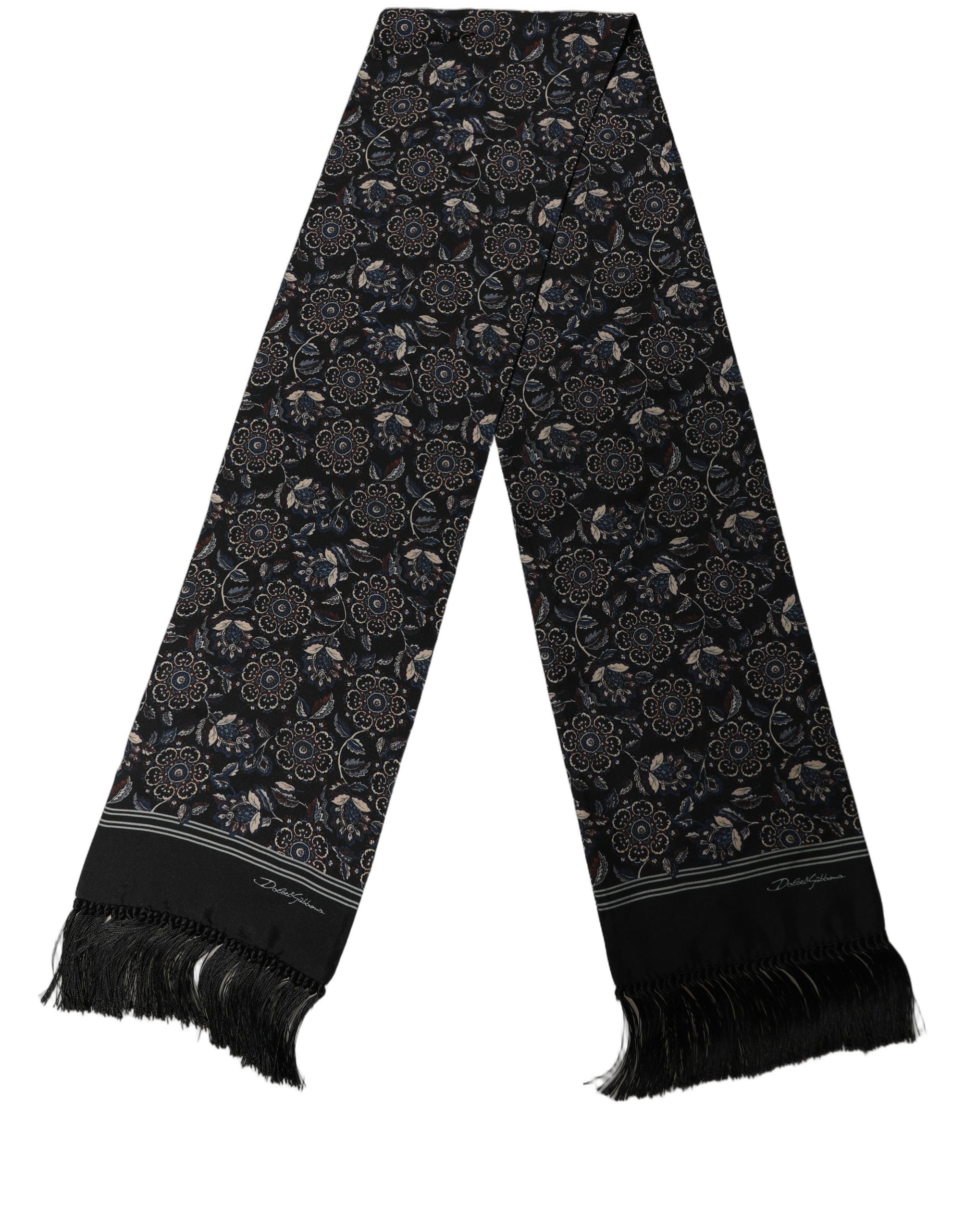 Black Silk Floral Paisley Fringed Shawl Scarf