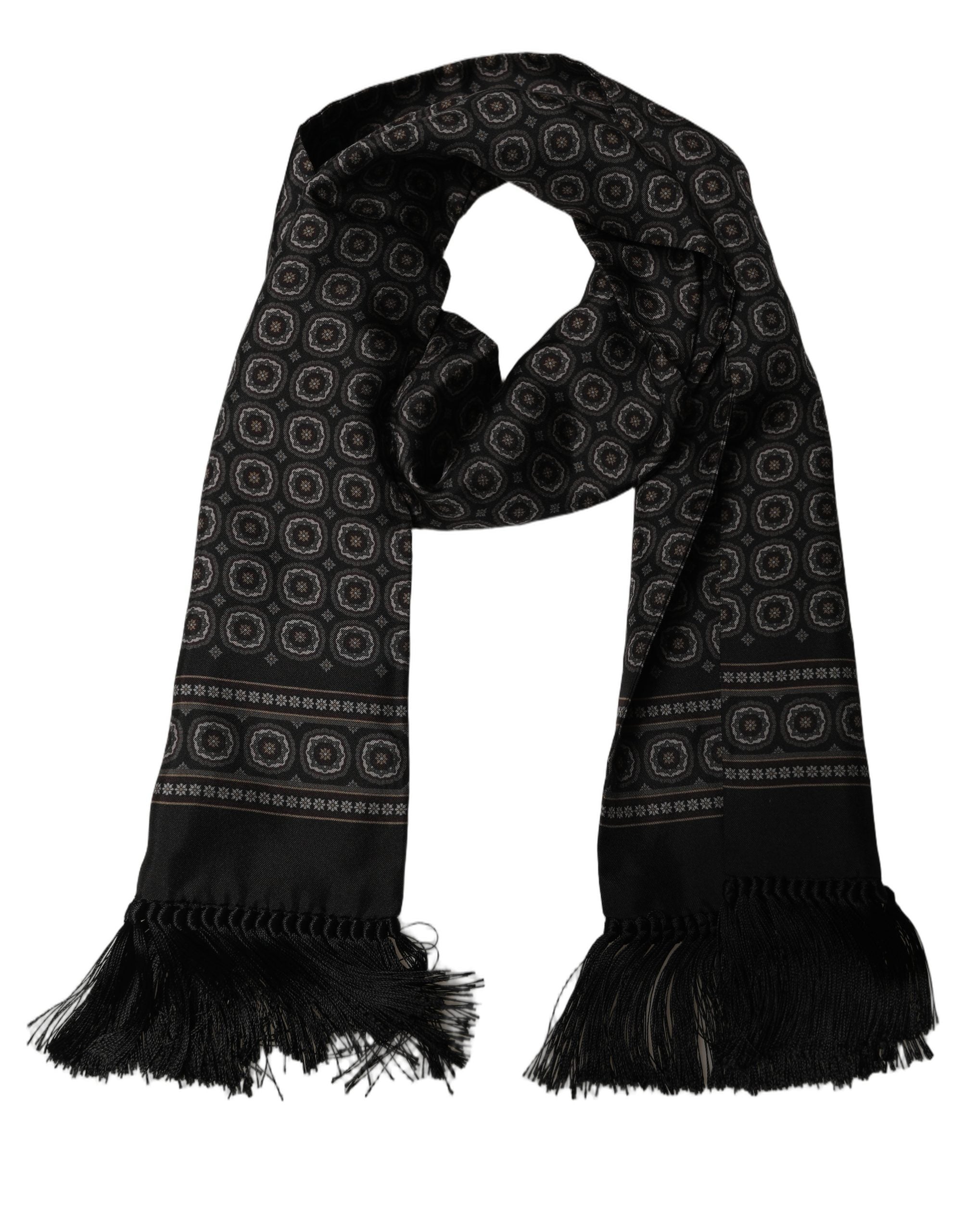 Black Silk Geometric Fringed Neck Shawl Scarf