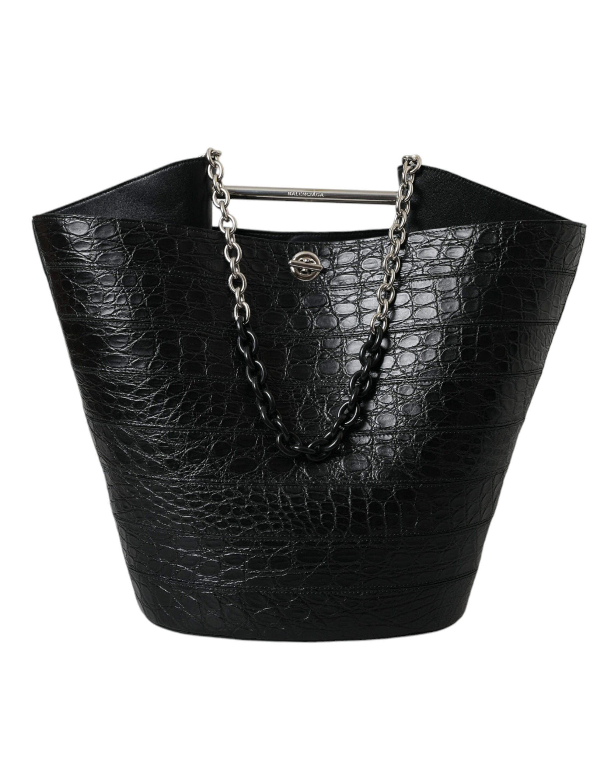 Black Exotic Skin Leather Maxi Bucket Tote Purse Bag