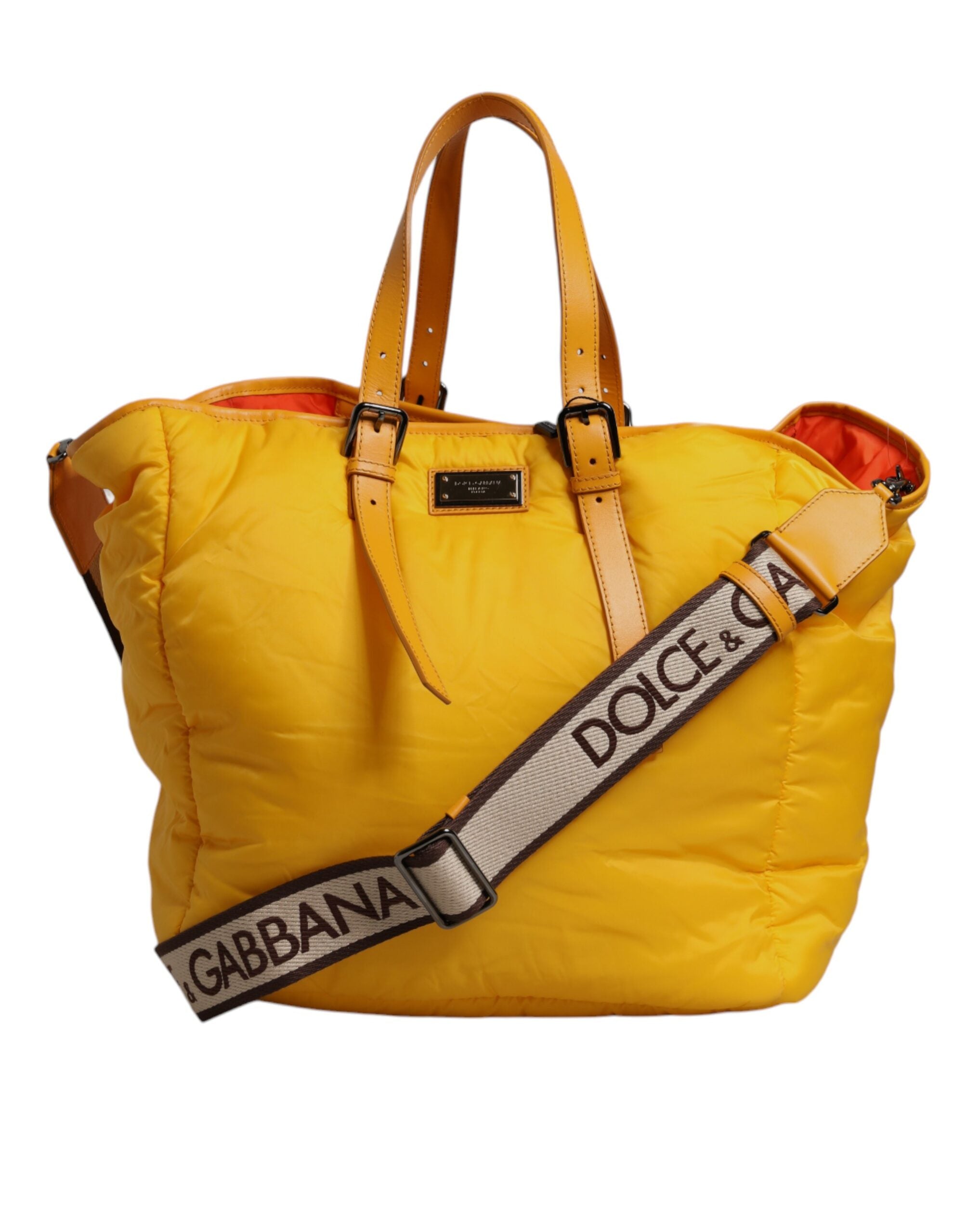 Yellow Orange Nylon Logo Plaque Hand Shoulder Tote Bag
