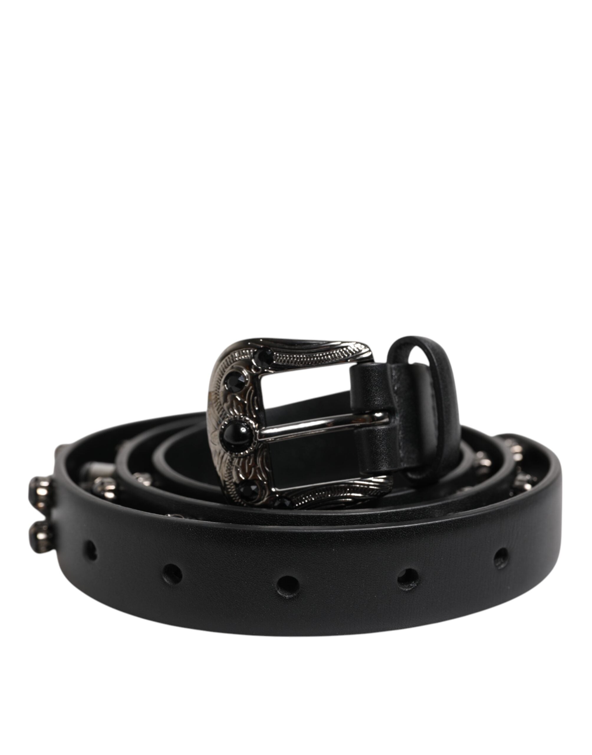 Black Studded Leather Metal Logo Buckle Belt