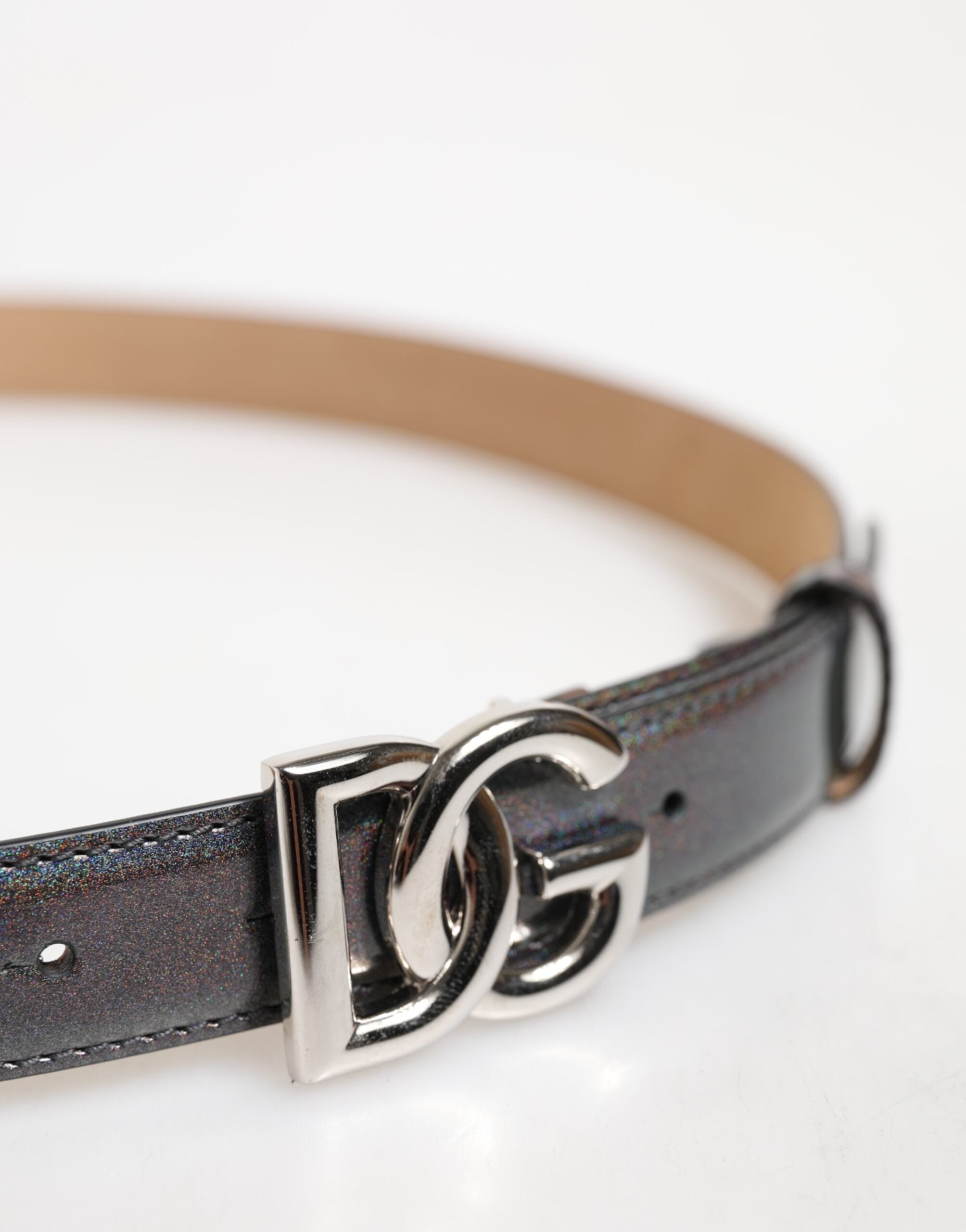 Metallic Leather Silver Tone Logo Buckle Belt