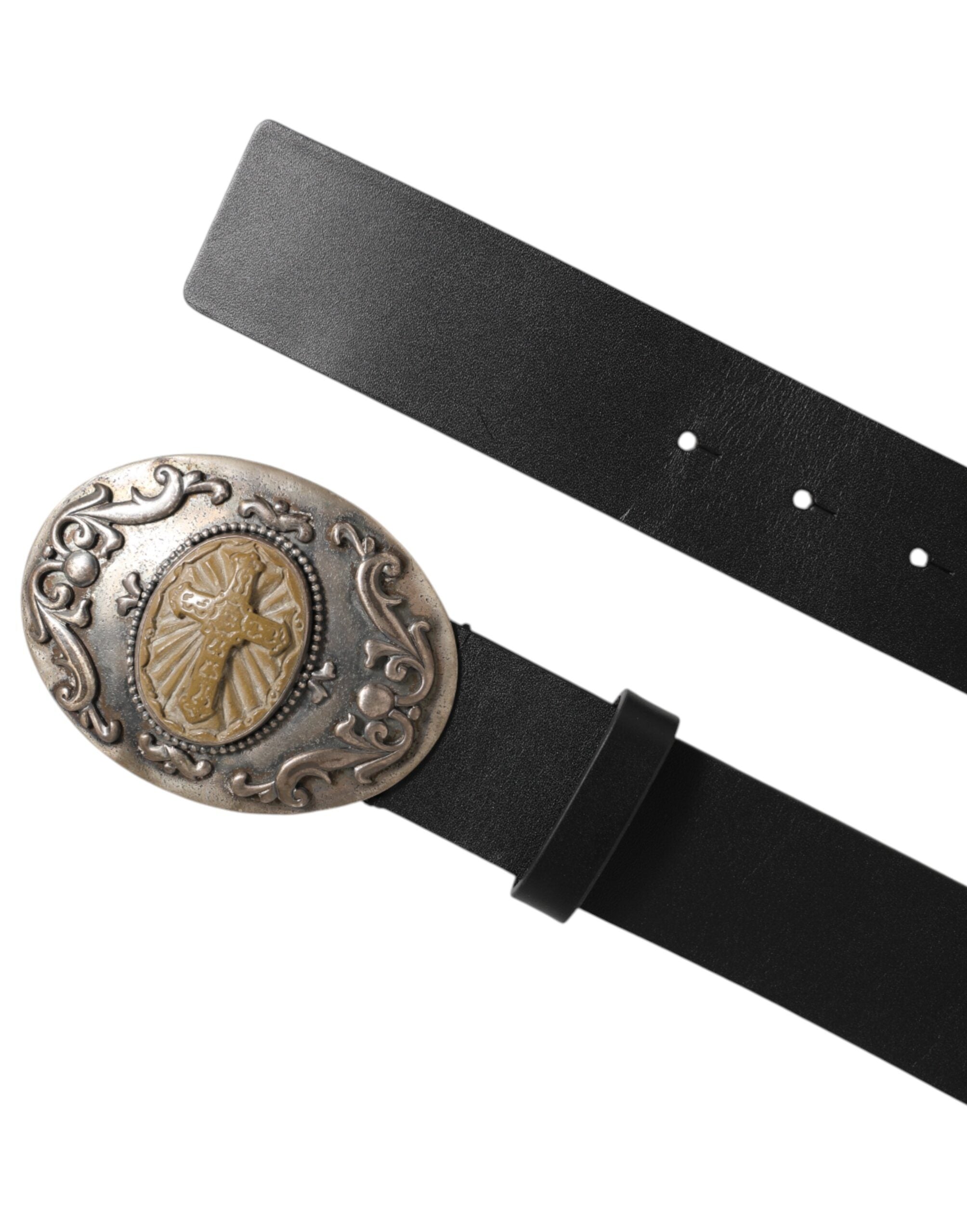 Black Leather Ornate Metal Buckle Men Belt