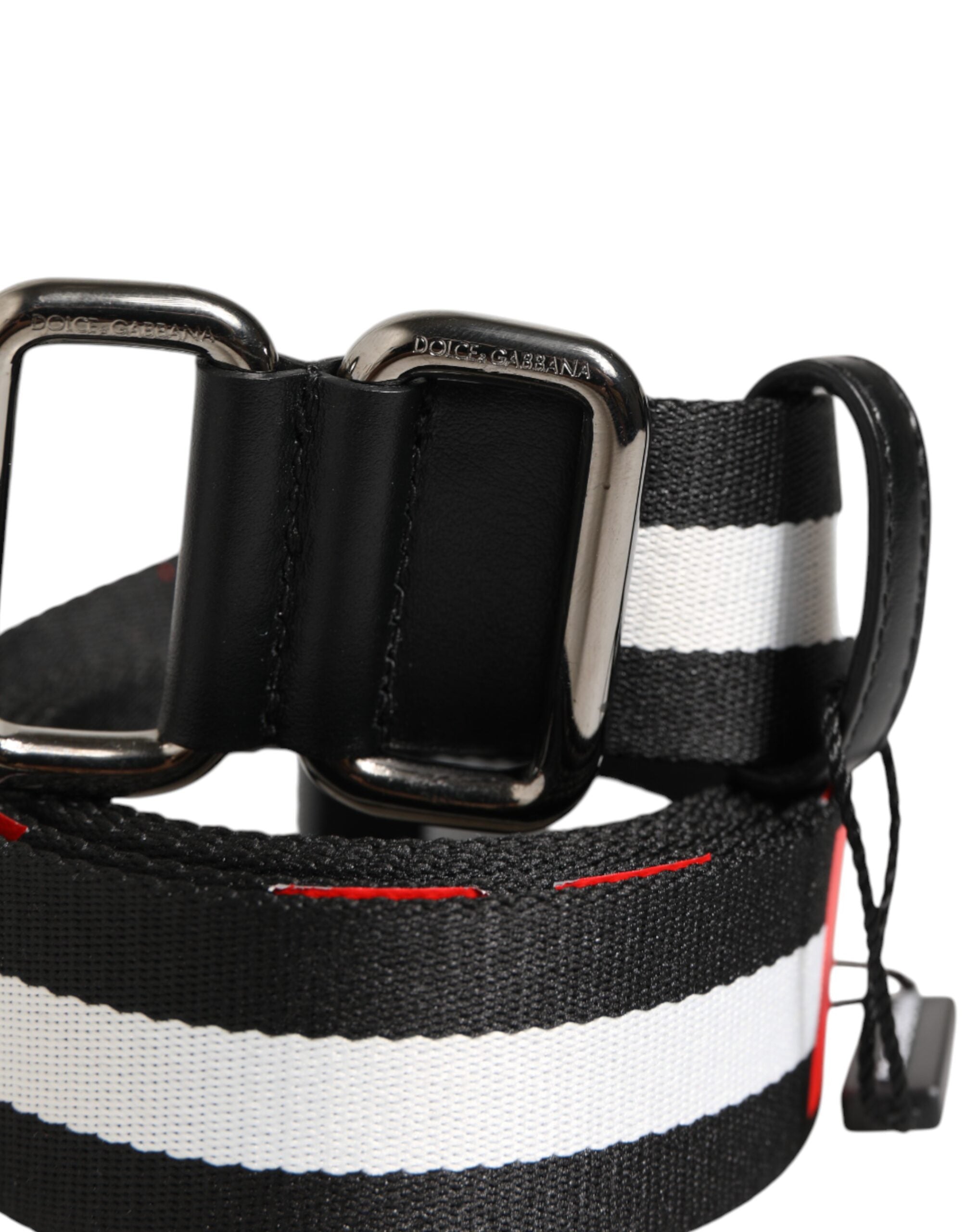 Black White Striped Logo Metal Buckle Belt