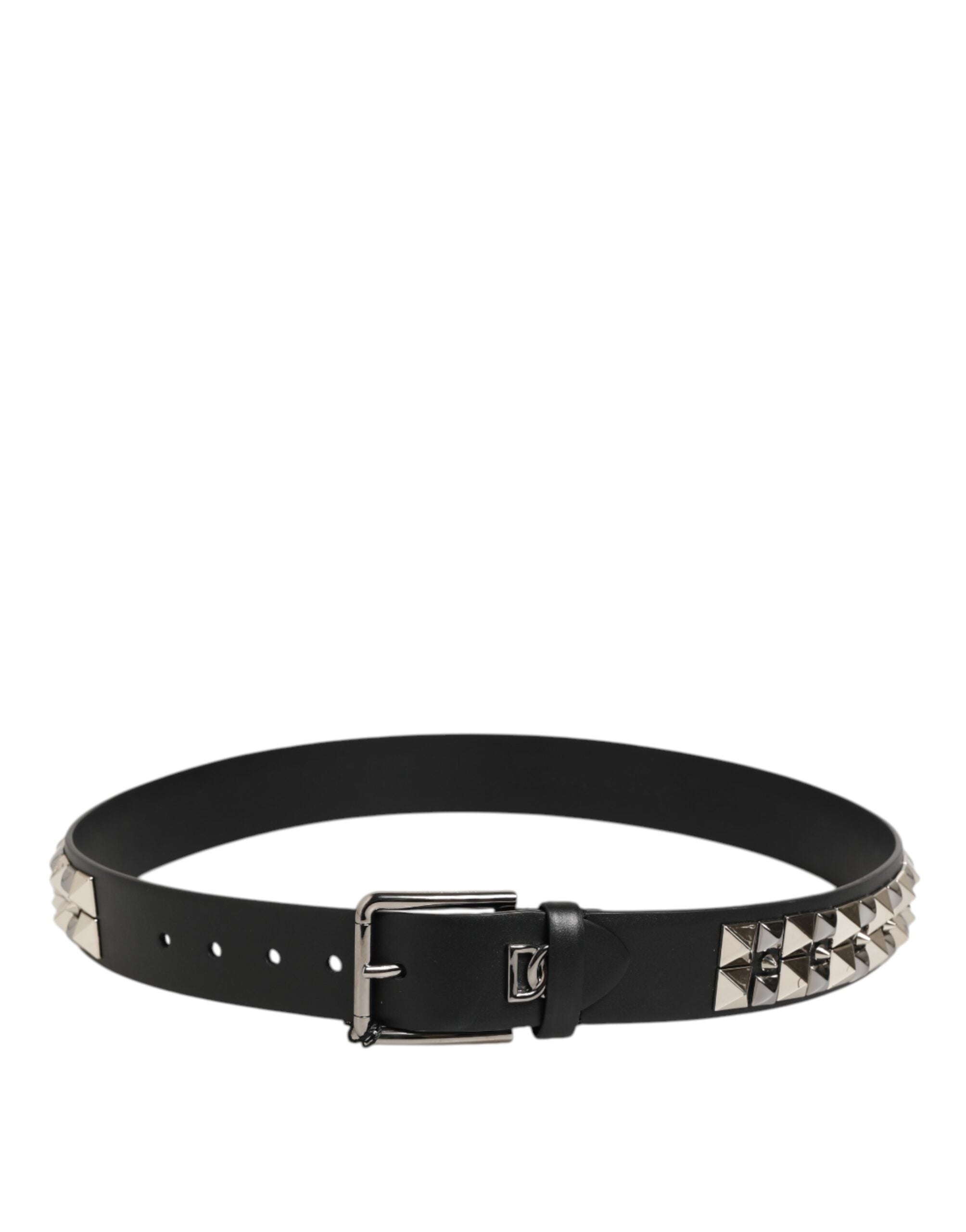 Black Calf Leather Studded Silver Buckle Belt