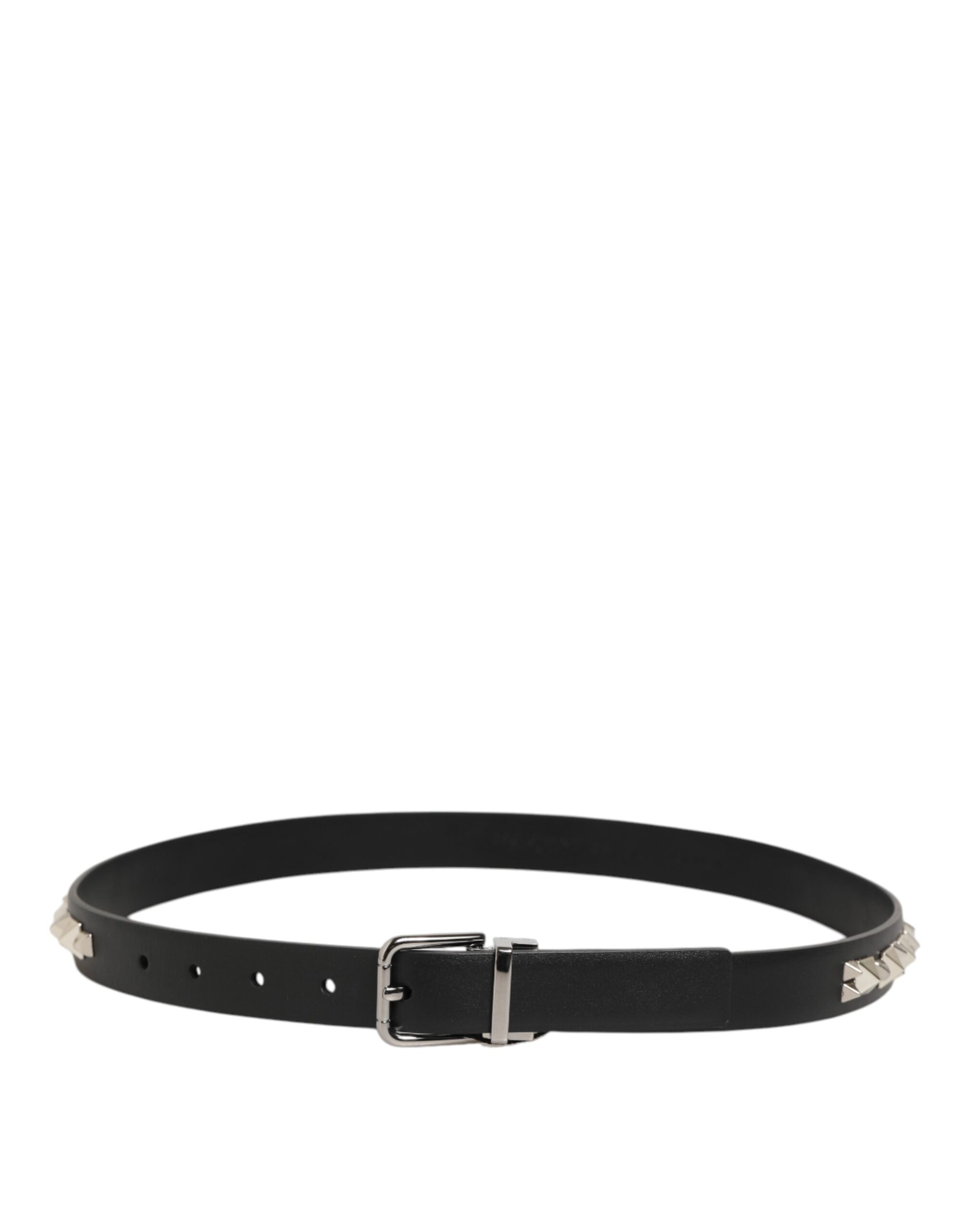 Black Leather Studded Silver-Tone Buckle Belt