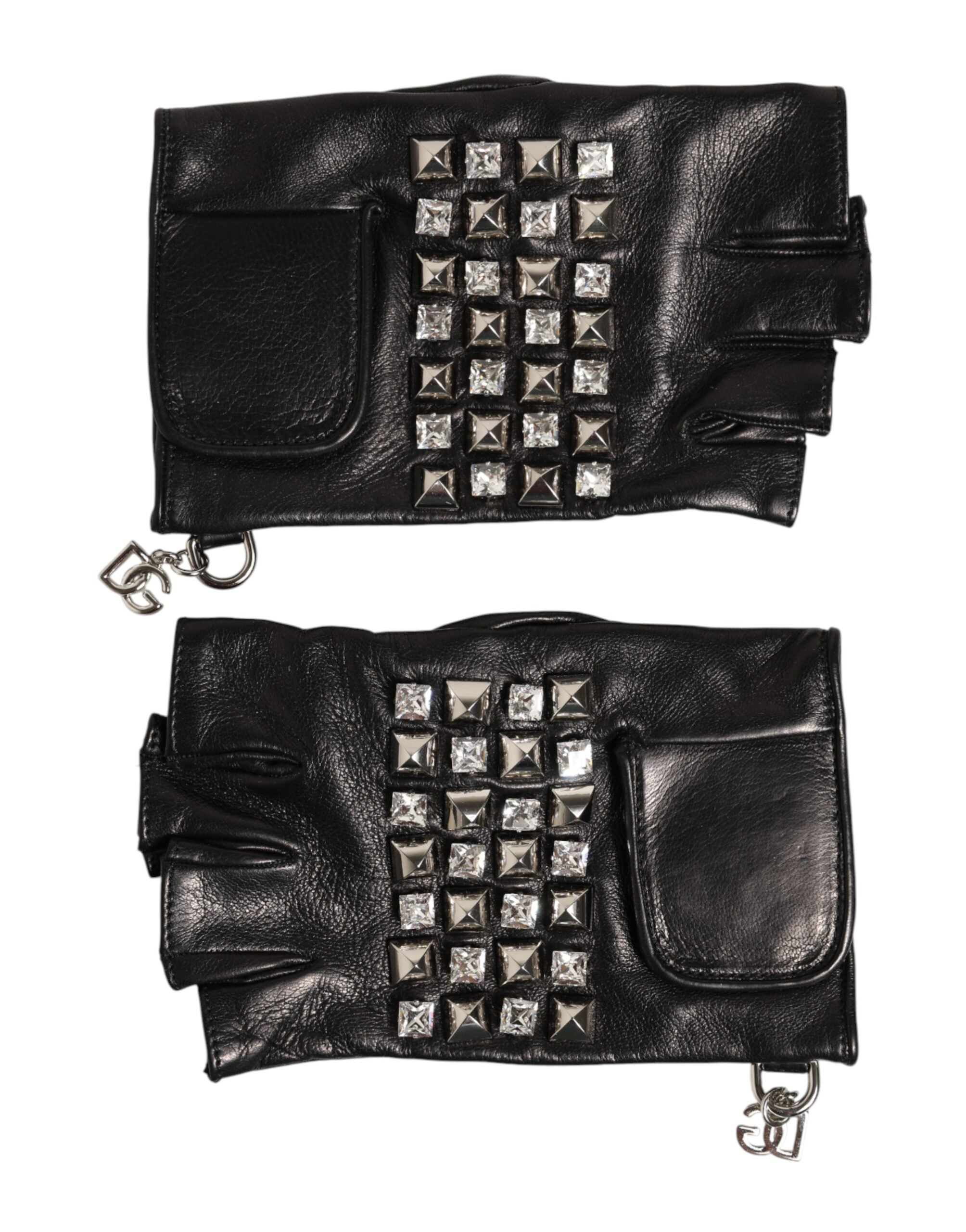 Black Leather Studded Fingerless Hand Mitten Men Gloves