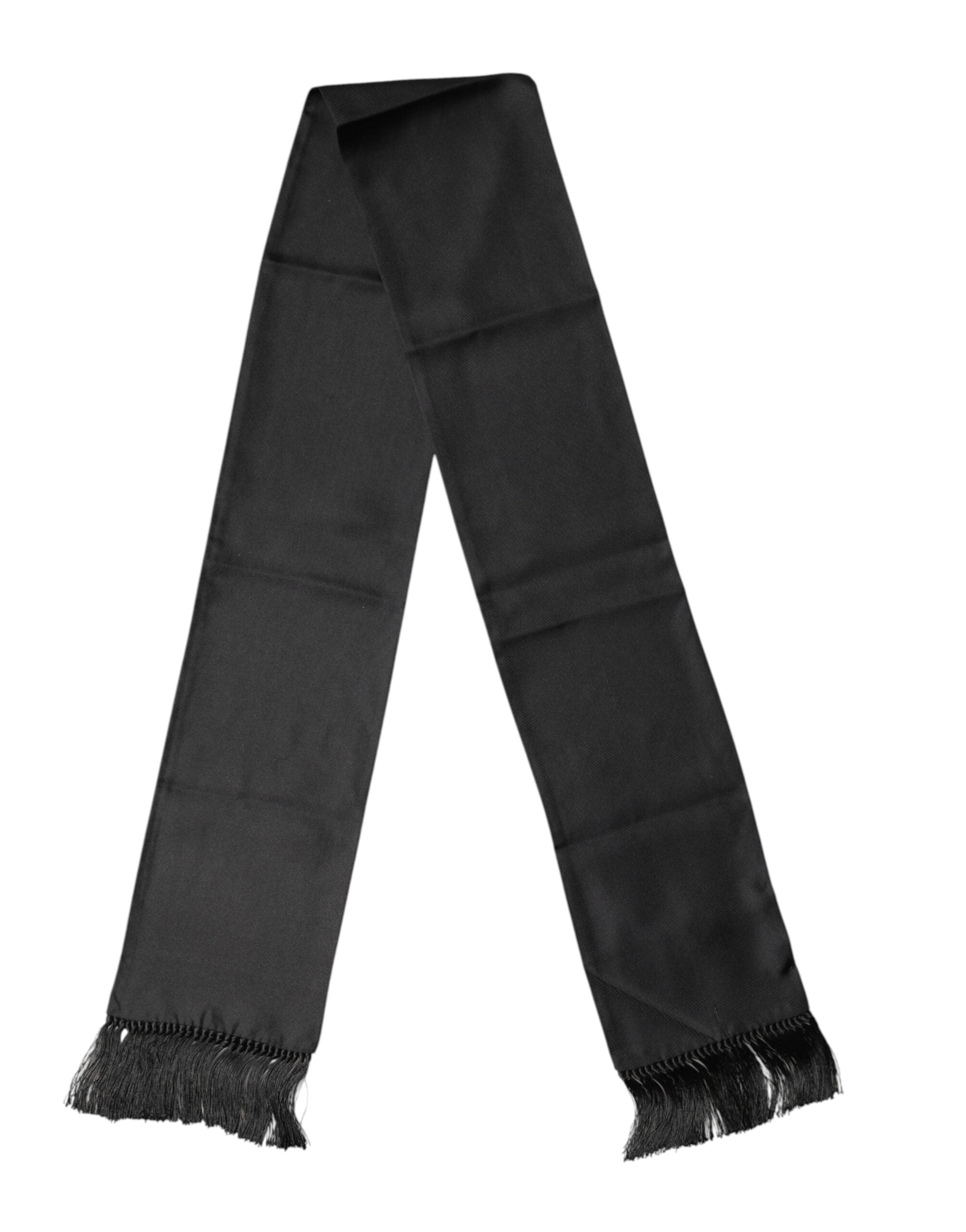 Black Satin Silk Fringes Neck Foulard 143.5cm x15cm Scarf